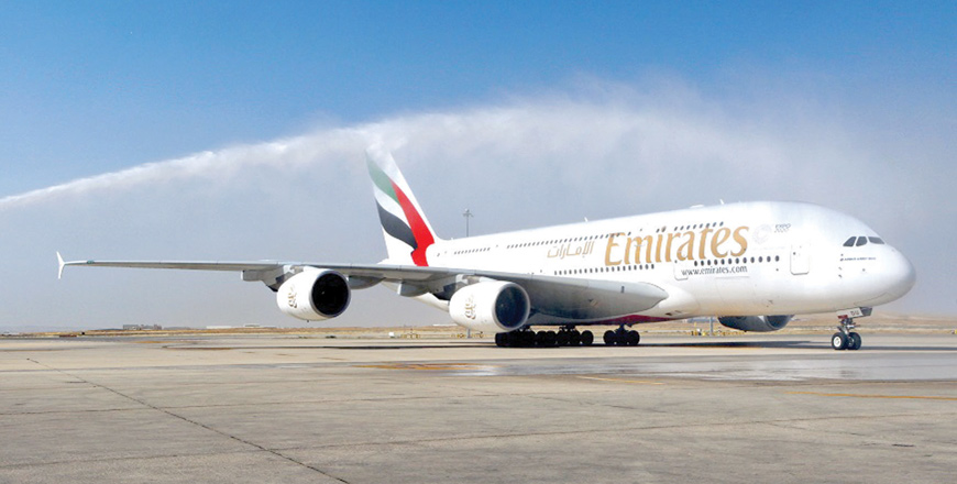 Emirates’ first scheduled A380 services arrives at the Queen Alia International Airport, on Sunday (Photo courtesy of Emirates)
