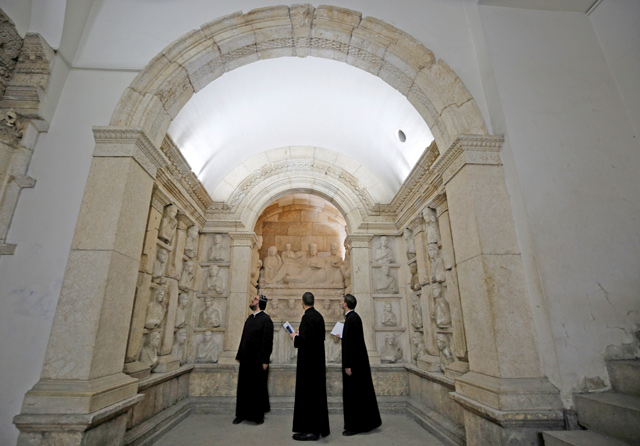 Visitors look at sculptures during the reopening of Syria's National Museum of Damascus, Syria, on Sunday (Reuters photo)