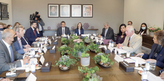 Prince Charles, the Prince of Wales, and HRH Princess Sumaya attend attend a roundtable discussion at the Royal Scientific Society on Wednesday (Photo courtesy of RSS)