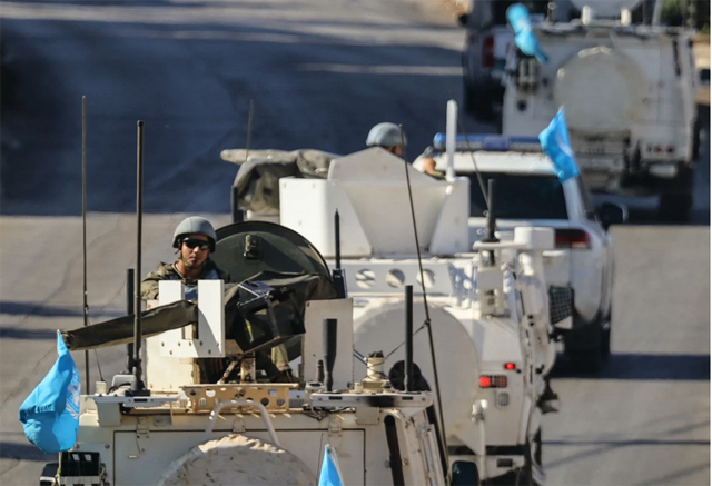 Vehicles from the United Nations Interim Force in Lebanon patrol in Marjayoun in southern Lebanon on October 12, 2024 (AFP photo)
