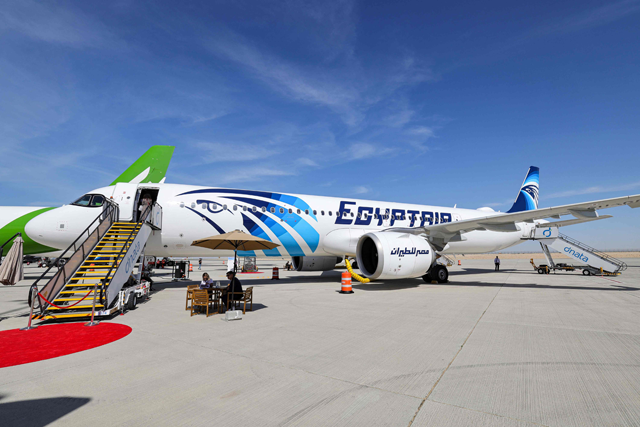 An EgyptAir Airbus A321neo jetliner aircraft is photographed on the tarmac during the 2023 Dubai Airshow at Dubai World Central — Al Maktoum International Airport in Dubai on Monday (AFP photo)
