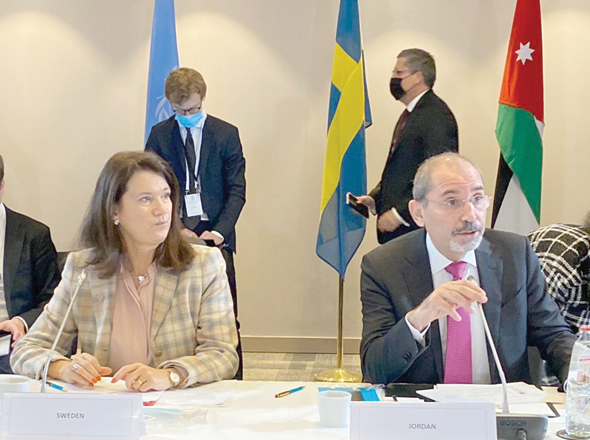 Deputy Prime Minister and Foreign Minister Ayman Safadi and Swedish Foreign Minister Ann Linde chair the international ministerial conference to support UNRWA in Brussels on Tuesday  (Photo courtesy of Foreign Ministry)