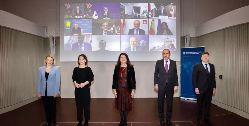 Deputy Prime Minister and Foreign Minister Ayman Safadi poses for a group photo during the  fifth ministerial meeting of the Stockholm Initiative on Nuclear Disarmament and the Non-Proliferation Treaty in Stockholm on Tuesday (Photo courtesy of Foreign Ministry)