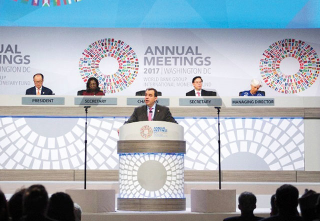 Minister of Planning and International Cooperation Imad Fakhoury speaks at the 71st plenary session of the Board of Governors in Washington (Photo courtesy of Planning and International Cooperation Ministry)