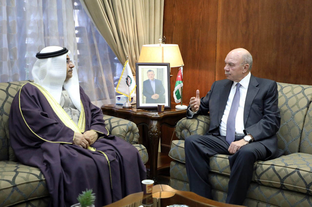 Senate President Faisal Fayez meets with Speaker of the Arab Parliament Adel Assoumi on Sunday (Petra photo)