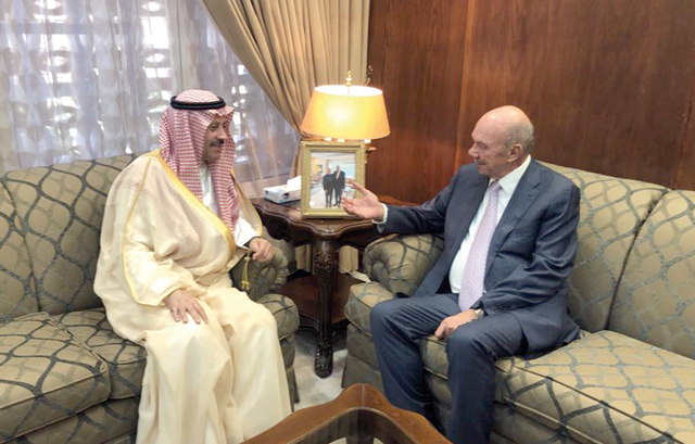 Senate President Faisal Fayez meets with Saudi Ambassador to Jordan Nayef Bin Bandar Al Sudairi on Sunday (Petra photo)
