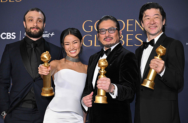 From left to right: Japanese actor Tadanobu Asano, Japanese actor Hiroyuki Sanada, Japanese actress Anna Sawai and British actor Cosmo Jarvis pose in the press room with the award for Best Television Series - Drama ‘Shogun’ during the 82nd annual Golden Globe Awards at the Beverly Hilton hotel in Beverly Hills, California, on Sunday (AFP photo)