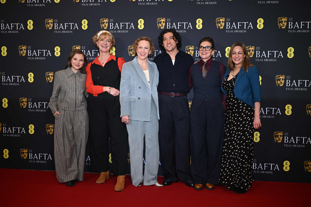 From left to right: English actor Mia McKenna-Bruce, BAFTA Chair Sara Putt, BAFTA Chair of Film Anna Higgs, English actor Will Sharpe, BAFTA CEO Jane Millichip,and BAFTA Executive Director of Awards & Content Emma Baehr pose for a photo at the the announcement of the British Academy Film Awards (BAFTA) nominations in central London on Wednesday (AFP photo)