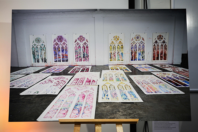 This photograph shows sketches made by French artist Claire Tabouret during a press conference after she won with The Atelier Simon-Marq, the selection to create new stained glass windows in six chapels of the south aisle of the Notre-Dame de Paris cathedral, in Paris, on Wednesday (AFP photo)