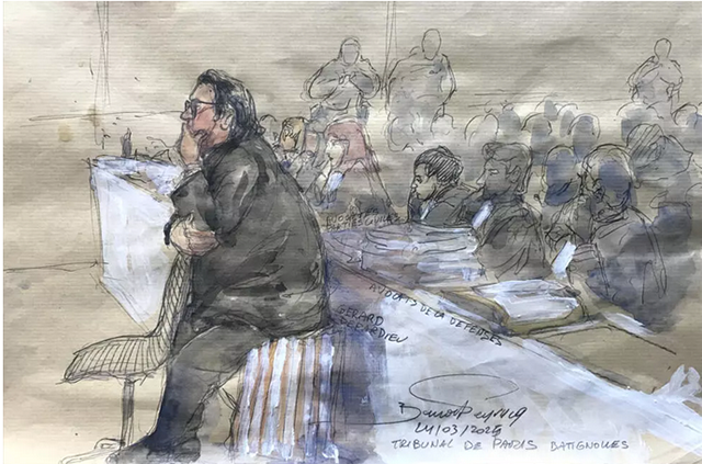 A court sketch shows French actor Gerard Depardieu looking on during his sexual assault trial in Paris (AFP photo)