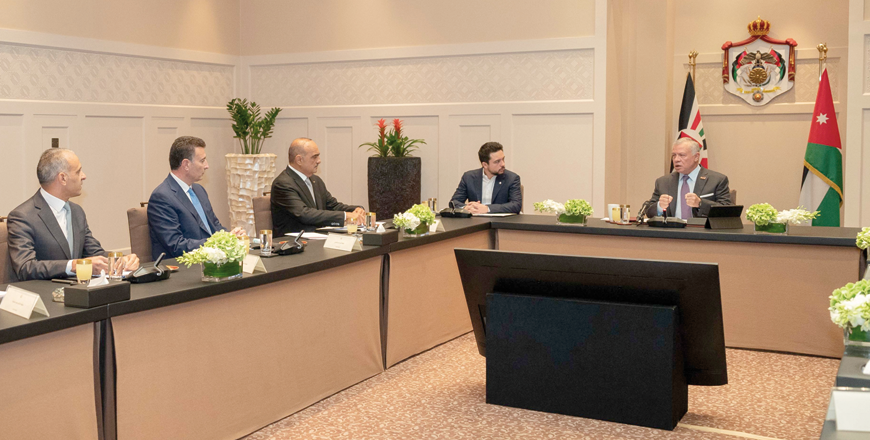 His Majesty King Abdullah, accompanied by HRH Crown Prince Hussein, meets with Audit Bureau President Radhi Al Hamadeen at Al Husseiniya Palace on Tuesday (Photo courtesy of Royal Court)