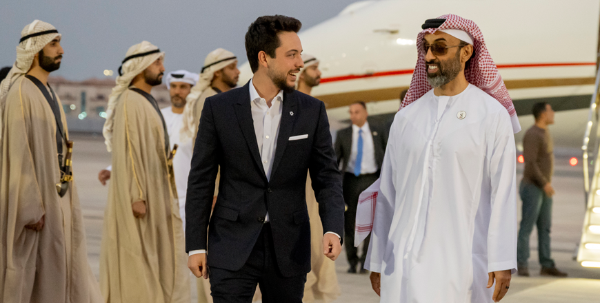 HRH Crown Prince Hussein upon arrival at Al Bateen Executive Airport in Abu Dhabi on Monday (Photo courtesy of Royal Court)