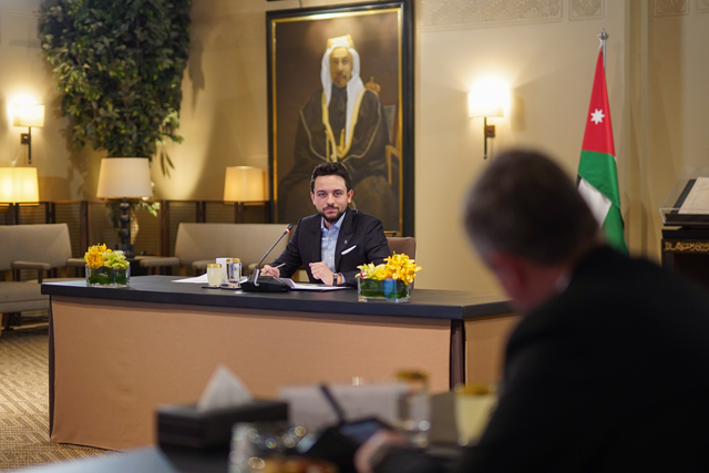 HRH Crown Prince Hussein meets with Al Hussein bin Abdullah II Award for Voluntary Service’s board of trustees at Al Husseiniya Palace on Wednesday (Photo courtesy of Royal Court)
