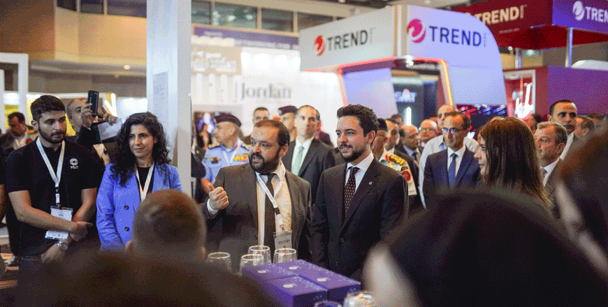 HRH Crown Prince Hussein attends the opening of the Artificial Intelligence in Defence Technologies and Cyber Security Exhibition and Conference (AIDTSEC 2023), at the King Hussein Bin Talal Convention Centre, at the Dead Sea on Monday (Photo courtesy of Royal Court)