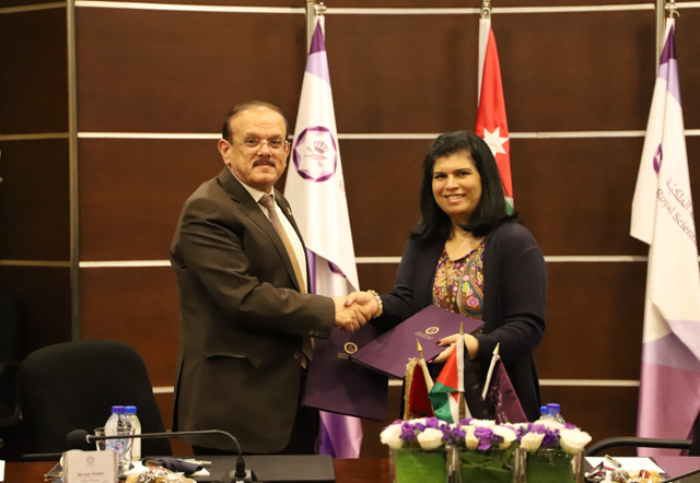 HRH Princess Sumaya and Mutah University President Arafat Awajan during the signing ceremony of a memorandum of understanding between the Royal Scientific Society and Mutah University on Wednesday (Petra photo)