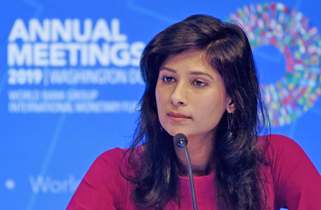 Gita Gopinath, IMF chief economist and director of the research department, speaks at a briefing during the IMF and World Bank Fall Meetings, on Tuesday, in Washington, DC (AFP photo)
