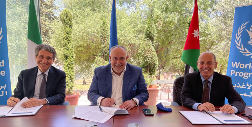 Italian Ambassador Fabio Cassese, WFP Representative Alberto Correia Mendes and  head of AICS Amman Michele Morana during a signing ceremony on Monday (Photo courtesy of the Italian embassy)