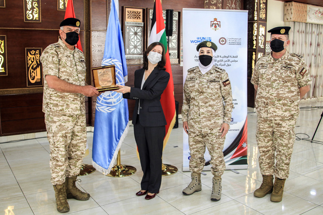 Chairman of the Joint Chiefs of Staff Maj. Gen. Yousef Huneiti and British Ambassador in Amman Bridget Brind during the launch of JAF's first Gender Mainstreaming Strategy on Wednesday (Photo courtesy on UN Women)