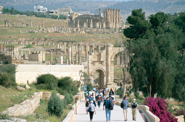   Tourists explore the ancient ruins of Jerash, some 45 kilometres north of Amman (Photo Courtesy of the Jordan Tourism Board)
