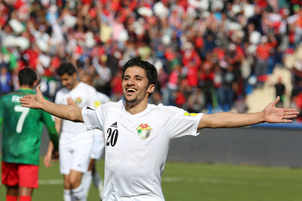 Jordan's forward Hamza Dardour celebrates after scoring during their World Cup 2018 Asian qualifying football match against Bangladesh on Thursday in Amman (AFP photo)