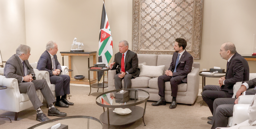 His Majesty King Abdullah, accompanied by HRH Crown Prince Hussein, receives US Senate Appropriations committee members Senator Chris Van Hollen and Senator Jeff Merkley (Photo courtesy of Royal Court)