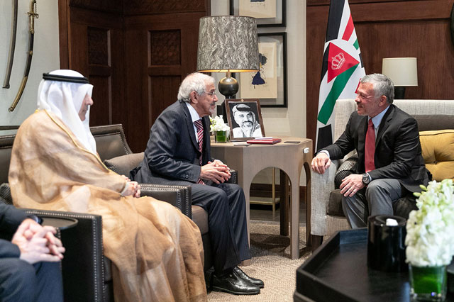 His Majesty King Abdullah meets with Kuwait Red Crescent Society President Hilal Al Sayer at Al Husseiniya Palace on Sunday (Photo courtesy of Royal Court)
