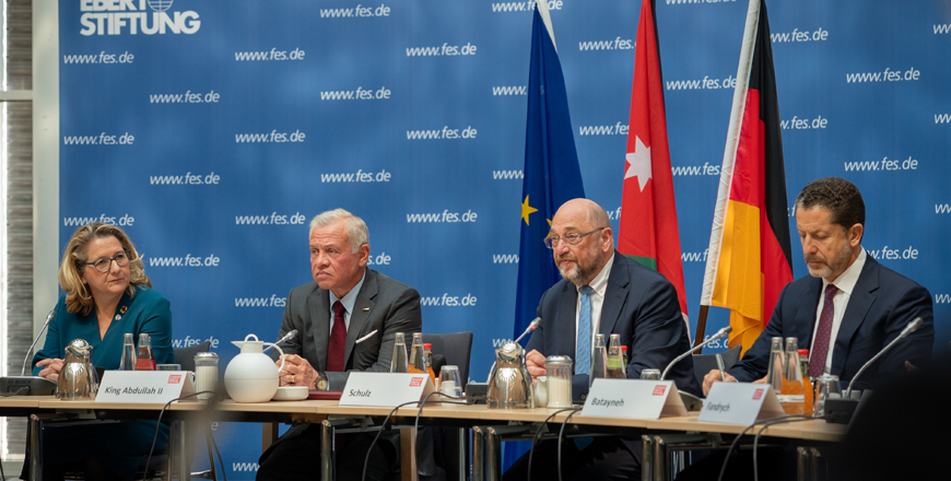 His Majesty King Abdullah meets in Berlin on Wednesday with officials, parliamentarians, and representatives of leading German think tanks (Photo courtesy of Royal Court)
