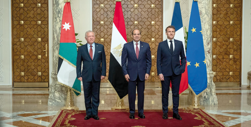 The trilateral summit held by His Majesty King Abdullah, Egypt President Abdul Fattah Al Sisi, and France President Emmanuel Macron in Cairo on Monday issues a joint communiqué that calls for an immediate return to the ceasefire, the entry of humanitarian aid into the war-torn Strip and the implementation of the 19 January exchange deal guaranteeing the release of all hostages and detainees  (Photo courtesy of Royal Court)
