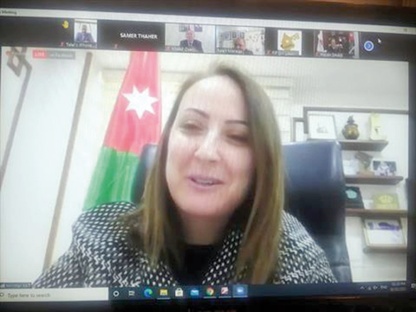 Minister of Industry, Trade, and Supply Maha Al Ali speaks during virtual symposium on Tuesday (Petra photo)