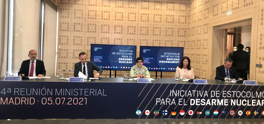 Deputy Prime Minister and Foreign Minister Ayman Safadi participates in the fourth ministerial meeting of the Stockholm Initiative for Nuclear Disarmament and the Non-Proliferation Treaty in Madrid on Monday (Photo courtesy of Foreign Ministry)