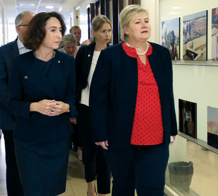 HRH Princess Rym Ali receives Norwegian Prime Minister Erna Solberg at the Jordan Media Institute on Sunday (Petra photo)