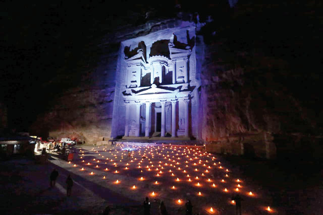 A view of Petra’s Al Khazneh archaeological temple as it was lit blue to mark World Cancer Day, which falls annually on February 4 (Photo courtesy of PDTRA)