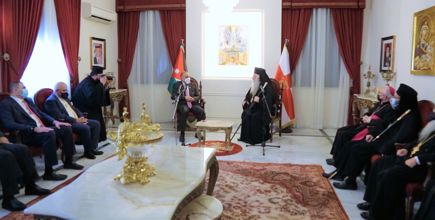 Prime Minister and Minister of Defence Bisher Al Khasawneh, accompanied by a number of ministers, meets with Greek Orthodox Archbishop and Head of the Jordan Churches Council Bishop Christophoros Attallah on Monday (Petra photo)
