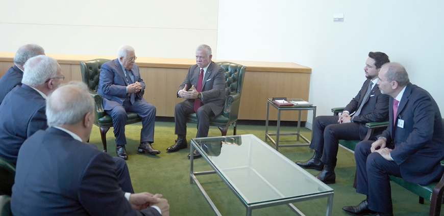 His Majesty King Abdullah meets with Palestinian President Mahmoud Abbas, during a meeting attended by HRH Crown Prince Hussein, in New York on Tuesday (Photo courtesy of Royal Court)