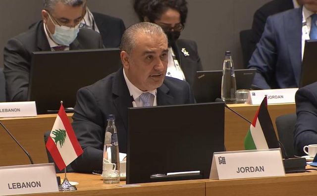 Minister of Planning and International Cooperation Nasser Shraideh addresses the sixth Brussels Conference on 'Supporting the Future of Syria and the Region' on Tuesday (Photo courtesy of Planning Ministry)