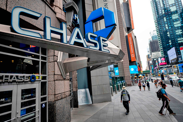The logo of Chase bank is seen in a branch near Times Square in Manhattan on June 30, in New York City (AFP file photo)