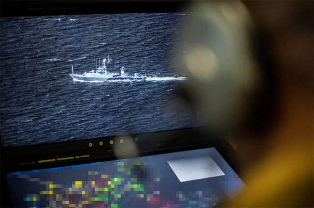 This photograph shows a Russian parchim class on a surveillance camera of the French navy patrol airplane Atlantique 2 on mission above the Baltic Sea (AFP photo)