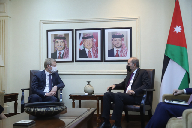 Deputy Prime Minister and Foreign Minister Ayman Safadi meets with EU Special Representative for the Middle East Peace Process Sven Koopmans on Wednesday (Photo courtesy of Foreign Ministry)
