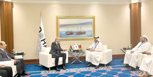 Deputy Prime Minister and Foreign Minister Ayman Safadi meets with Qatari Foreign Minister Sheikh Mohammed Bin Abdulrahman Al Thani in Doha on Saturday (Photos courtesy of Foreign Ministry)