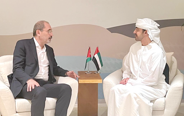 Deputy Prime Minister and Foreign Ayman Safadi meets with United Arab Emirates Minister of Foreign Affairs and International Cooperation Sheikh Abdullah Bin Zayed Al Nahyan on Saturday (Photo courtesy of Foreign Ministry)