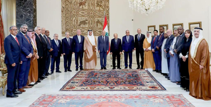 Lebanese President Michel Aoun, Deputy Prime Minister and Foreign Minister Ayman Safadi and Arab foreign ministers pose for a group photo during a meeting in Beirut on Saturday (Photo courtesy of Foreign Ministry)