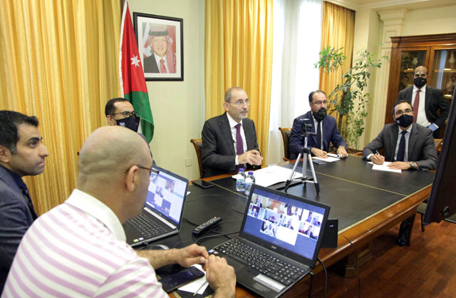  Foreign Minister Ayman Safadi speaks at a virtual meeting to discuss the latest developments in the Palestinian issue on Tuesday (Petra photo)