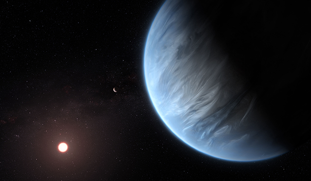 A handout artist's impression released on September 11, 2019, by ESA/Hubble shows the K2-18b super-Earth, the only super-Earth exoplanet known to host both water and temperatures that could support life. Astronomers announced on Thursday (AFP photo)