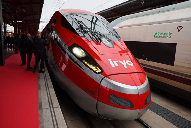 Low-cost train Iryo is pictured on the day of its inaugural trip at the Chamartin train station in Madrid, on Monday (AFP photo)