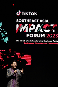 TikTok CEO Shou Zi Chew delivers his opening speech during the TikTok southeast Asia Impact Forum 2023 in Jakarta on Thursday (AFP photo)
