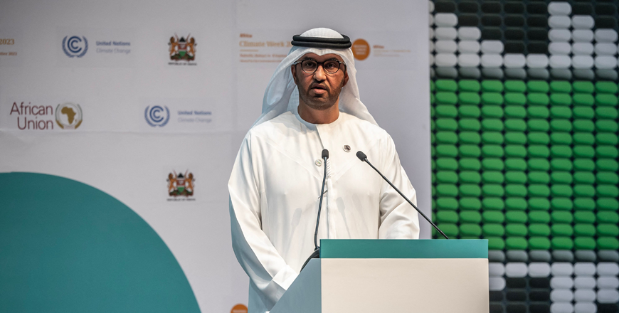 COP28 President Sultan Al Jaber delivers his remarks during the Africa Climate Summit 2023 at the Kenyatta International Convention Centre (KICC) in Nairobi on September 5 (AFP photo)