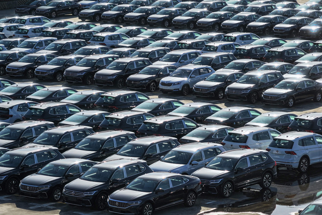 This photo taken on Sunday shows and aerial view of Volkswagen cars to be loaded onto a ship at a port in Nanjing, in eastern China's Jiangsu province (AFP file photo)