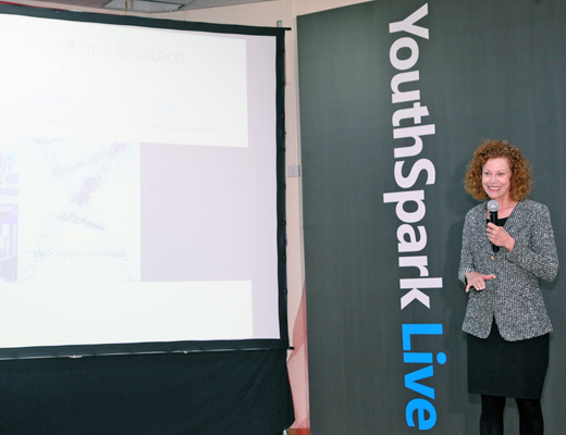 Microsoft Philanthropies Corporate Vice President Mary Snapp speaks during the YouthSpark workshop in Amman on Thursday (Photo courtesy of Microsoft)