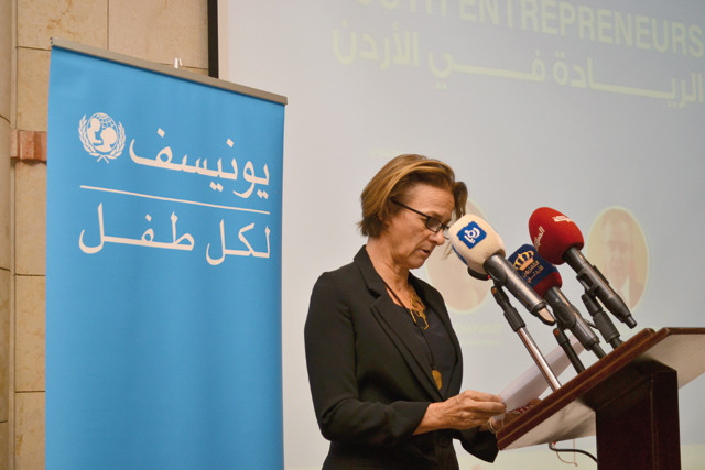 UNICEF Jordan Representative Tanya Chapuisat speaks during the launch of a study focussing on youth on Tuesday (Photo courtesy of UNICEF)