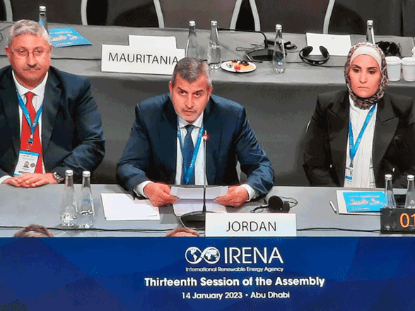 Energy Minister Saleh Kharabsheh addresses 13th session of the Assembly of the International Renewable Energy Agency in Abu Dhabi on Saturday (Petra photo)